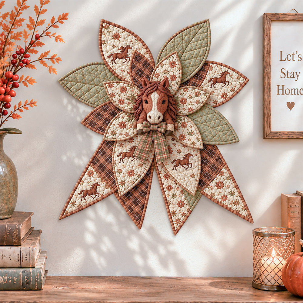 Country horse quilted bow displayed as handmade wall decor in a cozy home