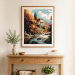 Finished country villa over waterfall cross stitch artwork displayed as home decor
