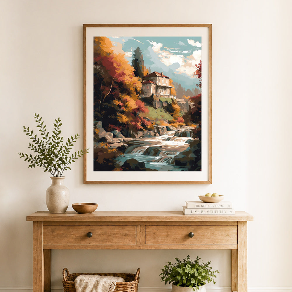 Finished country villa over waterfall cross stitch artwork displayed as home decor