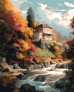 Country villa over waterfall cross stitch kit for beginners