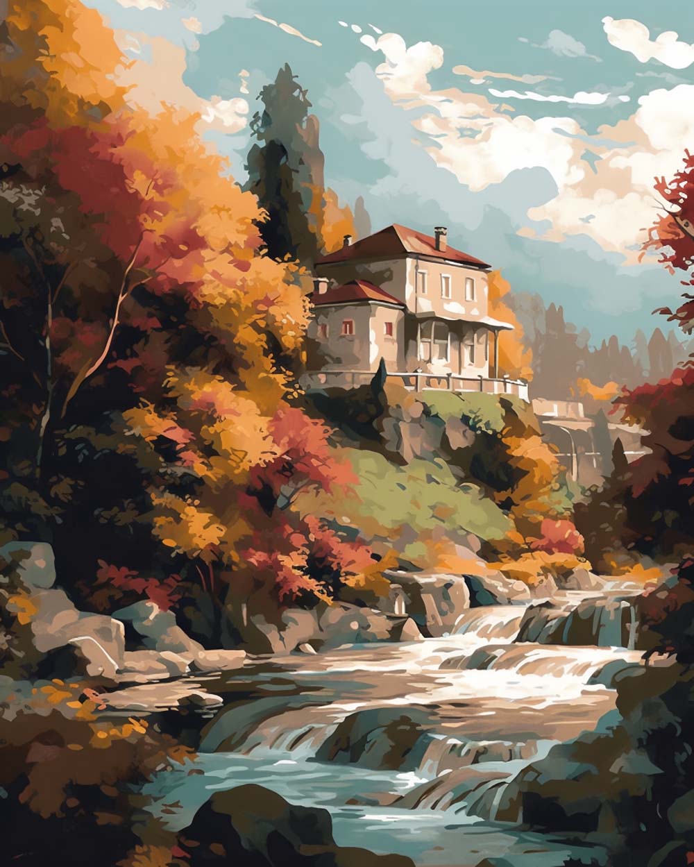 Country villa over waterfall cross stitch kit for beginners