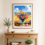 Finished country wildflower vase cross stitch artwork displayed as home decor