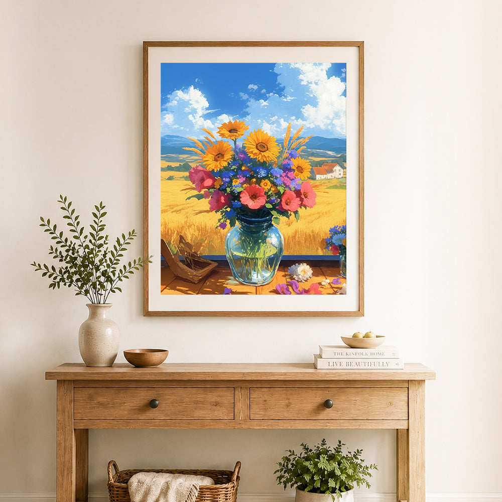 Finished country wildflower vase cross stitch artwork displayed as home decor