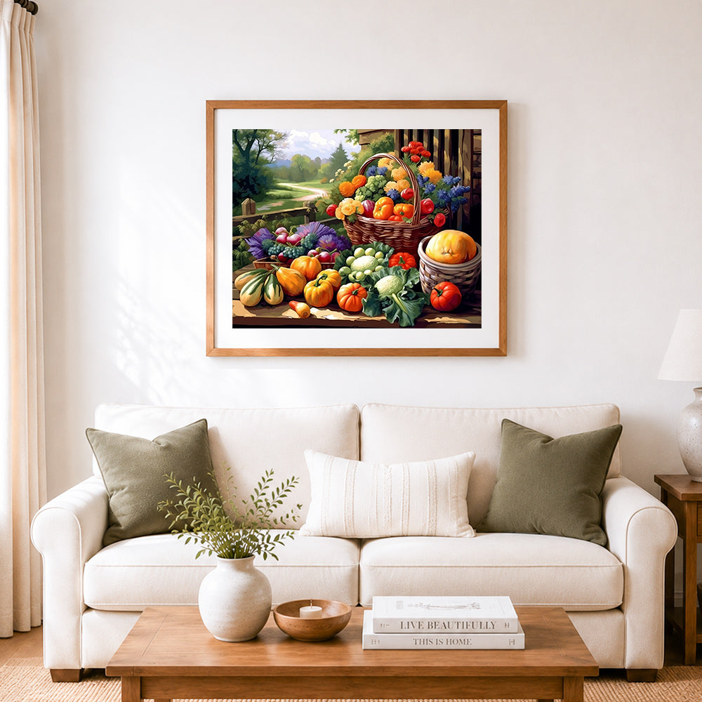 Finished countryside fresh farm harvest cross stitch artwork displayed as home decor