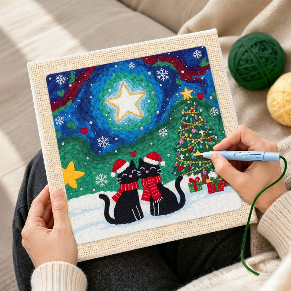 Creating handmade couple black cats xmas punch needle artwork