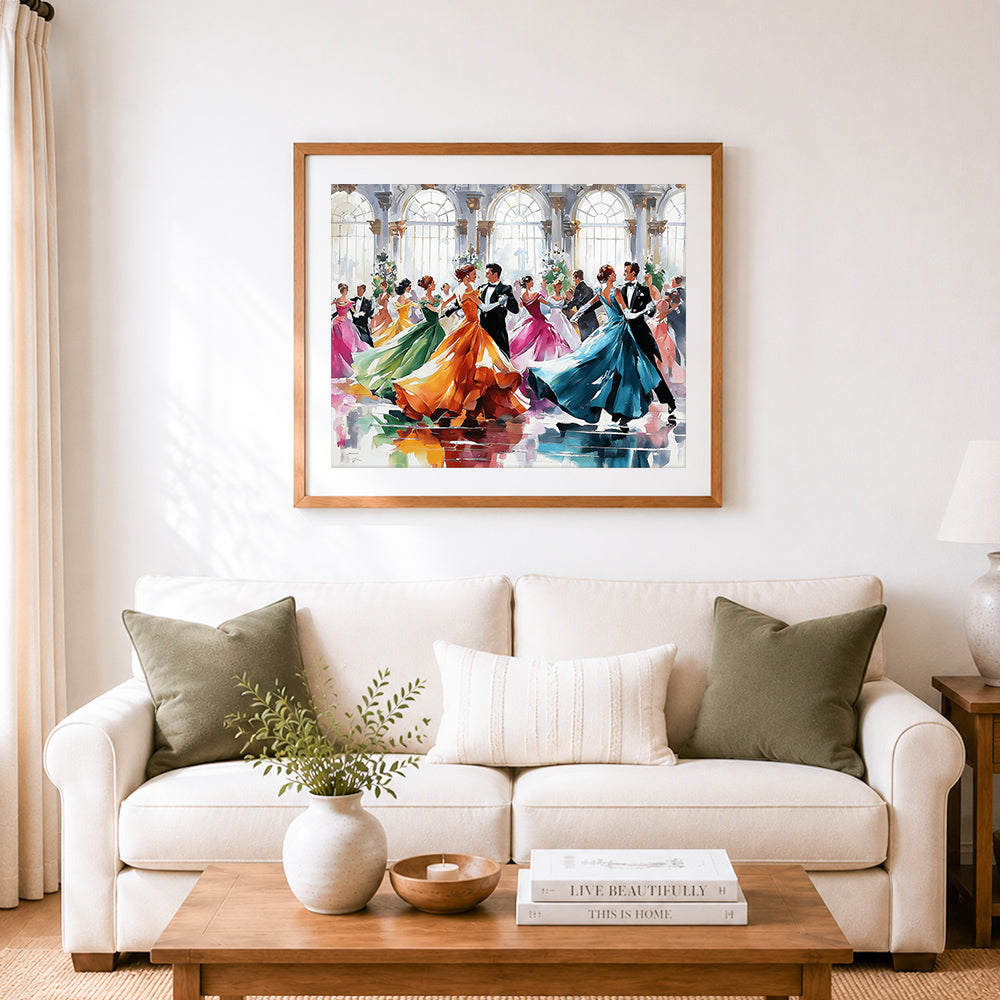 Finished couples in formal ballroom dancing cross stitch artwork displayed as home decor