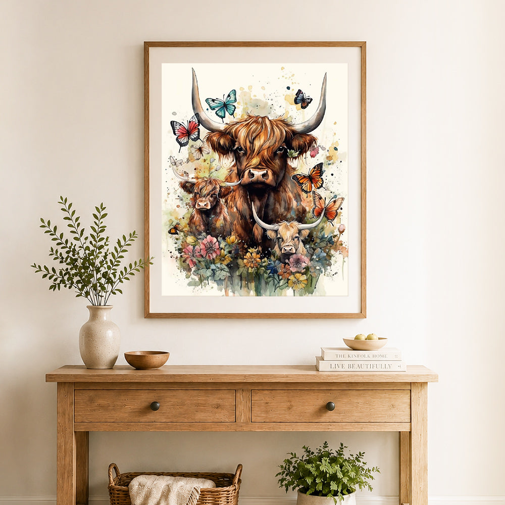 Finished cow family in blooms cross stitch artwork displayed as home decor