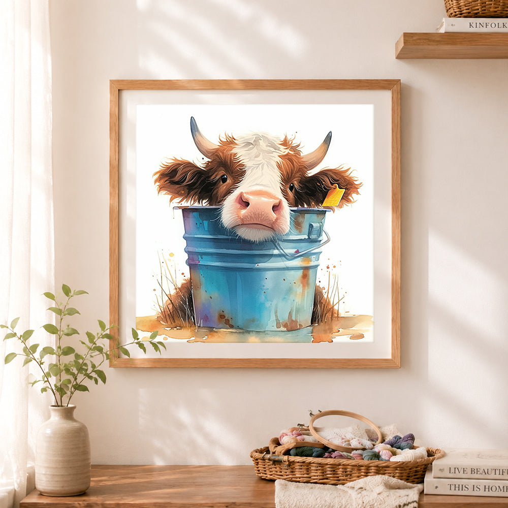 Finished cow in metal bucket cross stitch artwork displayed as home decor