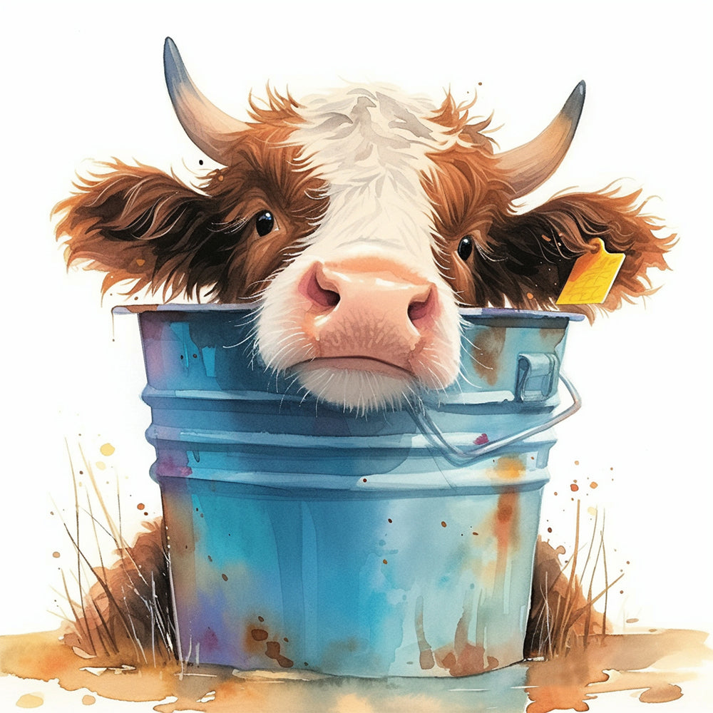 Cow in metal bucket cross stitch kit for beginners