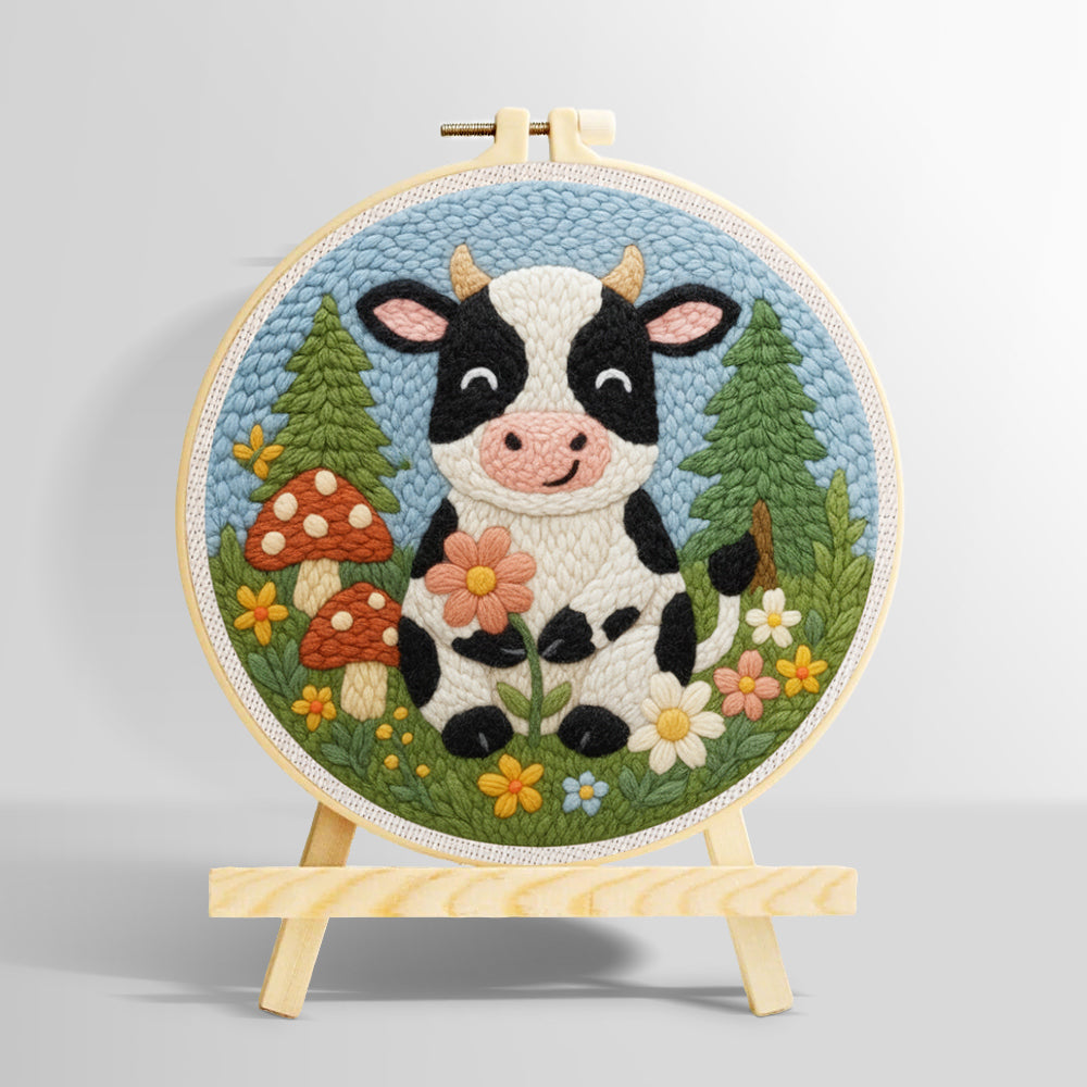 Cow in the meadow and flower forest punch needle kit for beginners