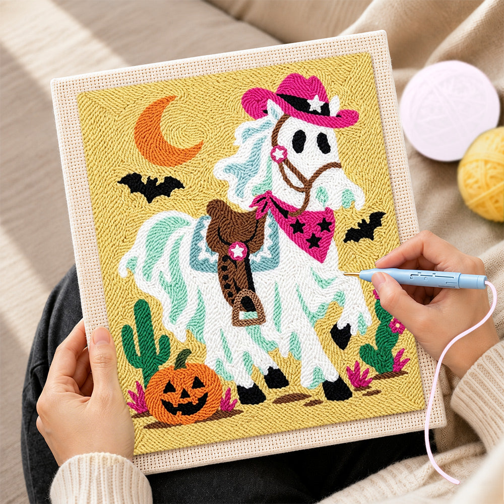 Creating handmade cowboy ghost horse punch needle artwork