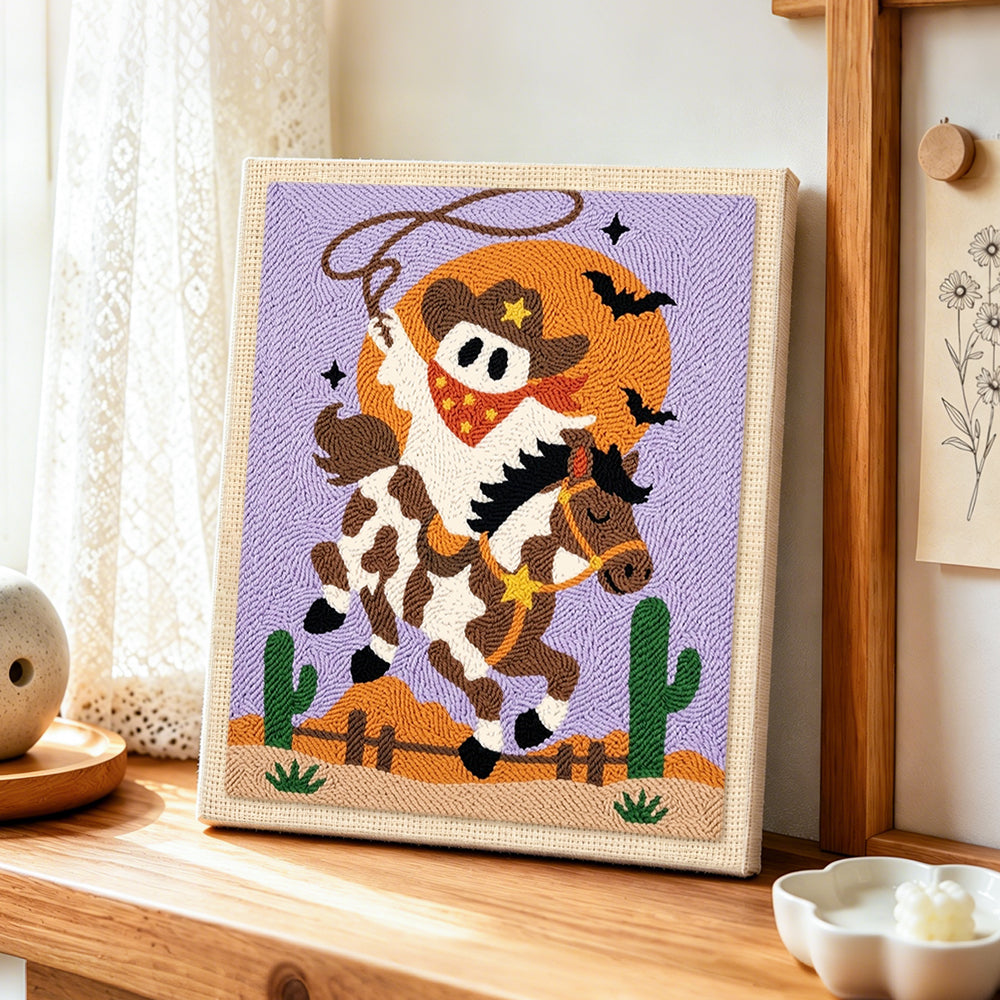 Cowboy ghost riding horse punch needle artwork displayed on a table