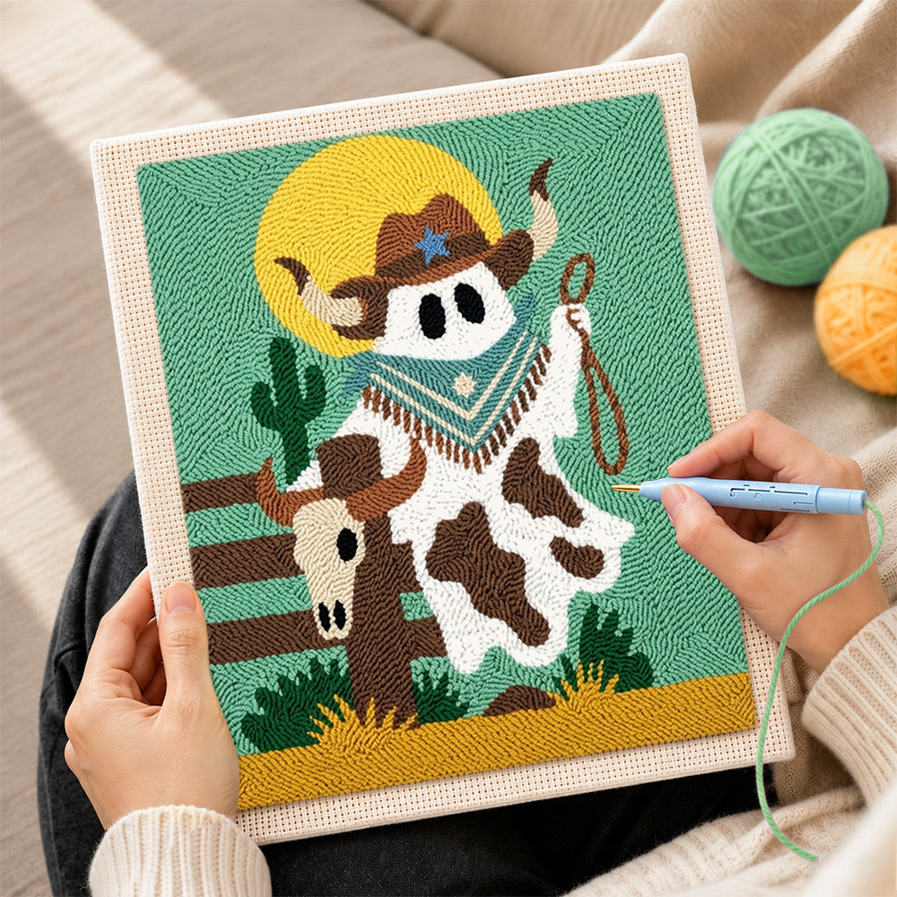 Creating handmade cowboy ghost with lasso punch needle artwork