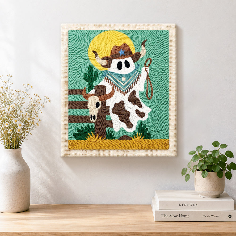 Finished cowboy ghost with lasso artwork displayed on a wall