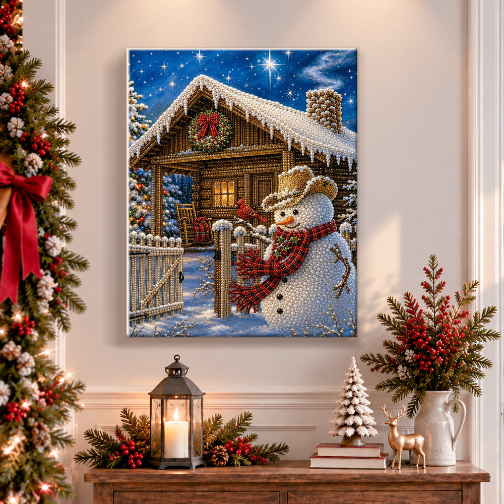 Finished cowboy snowman at log cabin pearl diamond painting artwork displayed as holiday home decor