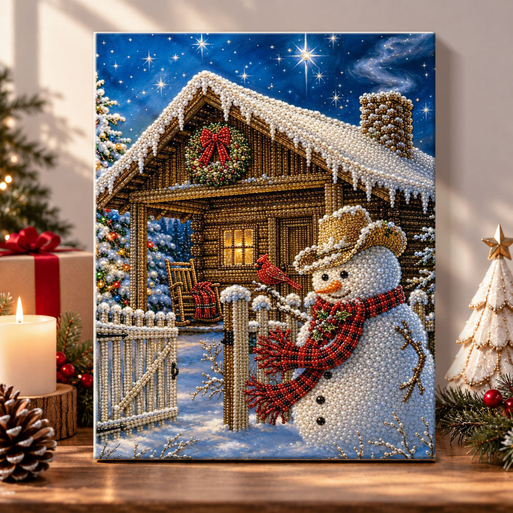 Cowboy snowman at log cabin pearl diamond painting kit for beginners