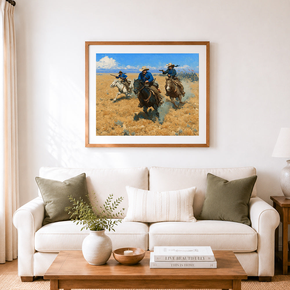 Finished cowboys galloping across prairie cross stitch artwork displayed as home decor