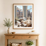 Finished cozy amsterdam window cross stitch artwork displayed as home decor