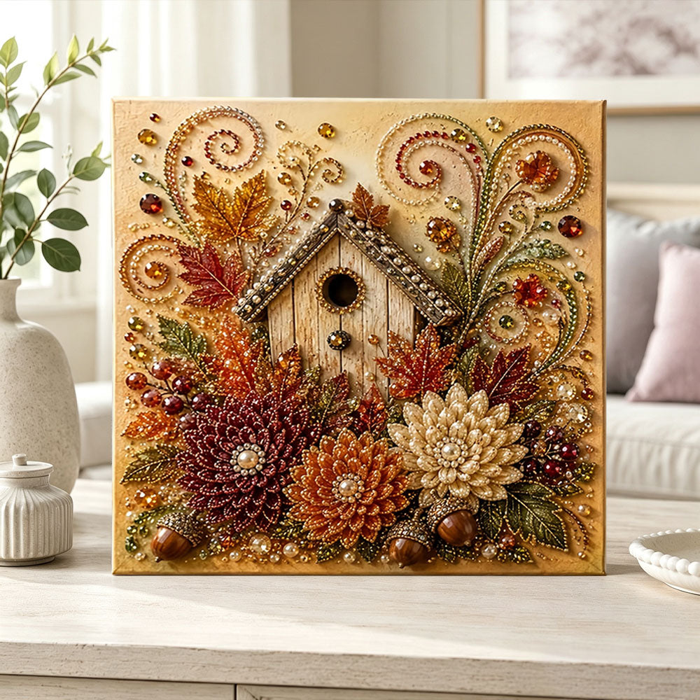 Finished cozy autumn birdhouse pearl diamond painting artwork displayed as home decor