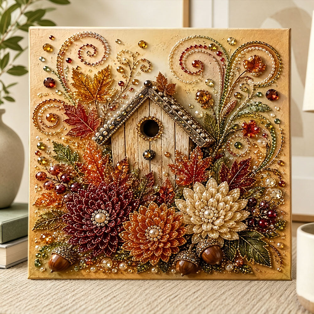 Cozy autumn birdhouse pearl diamond painting kit for beginners