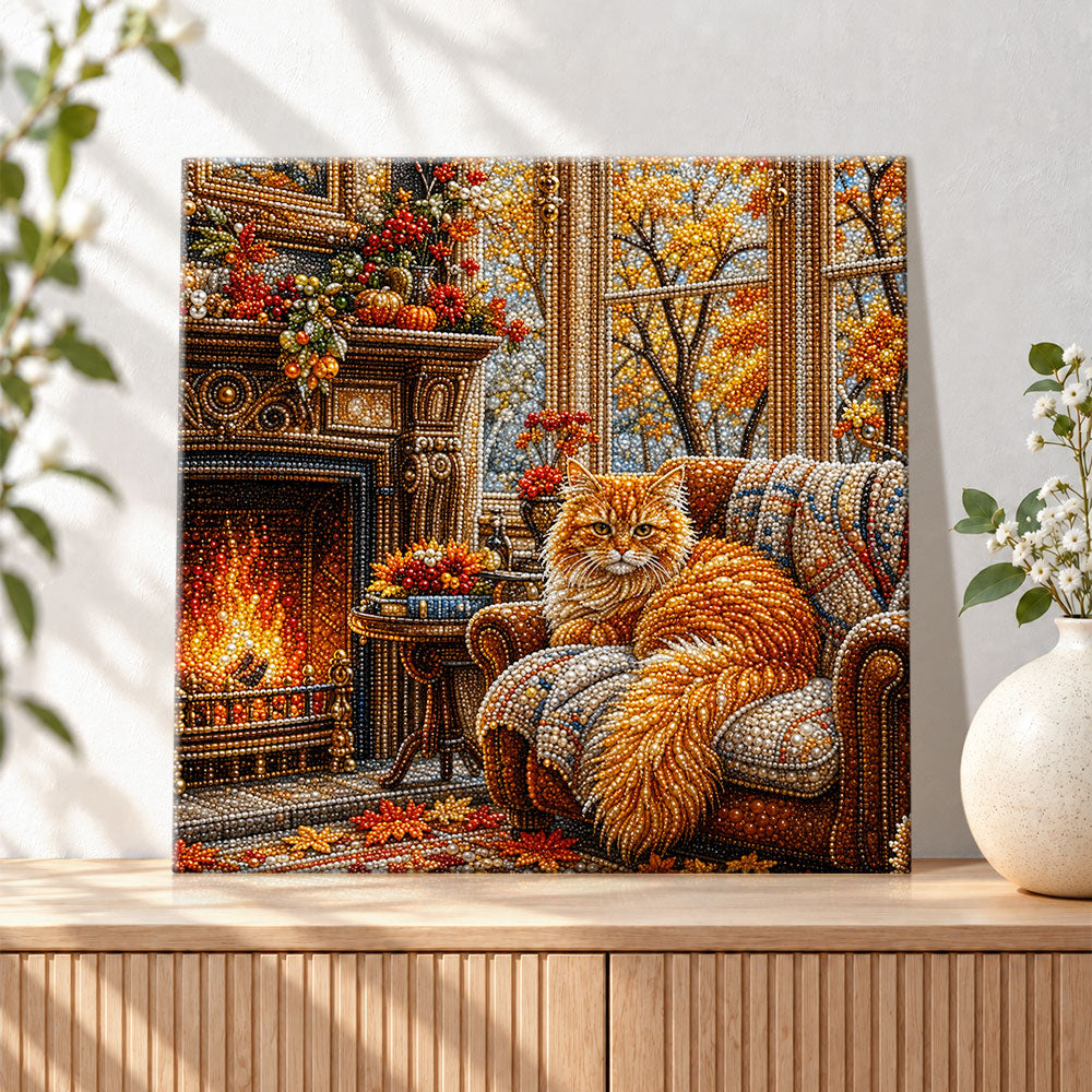 Finished cozy autumn cat by fireplace pearl diamond painting artwork displayed as holiday home decor