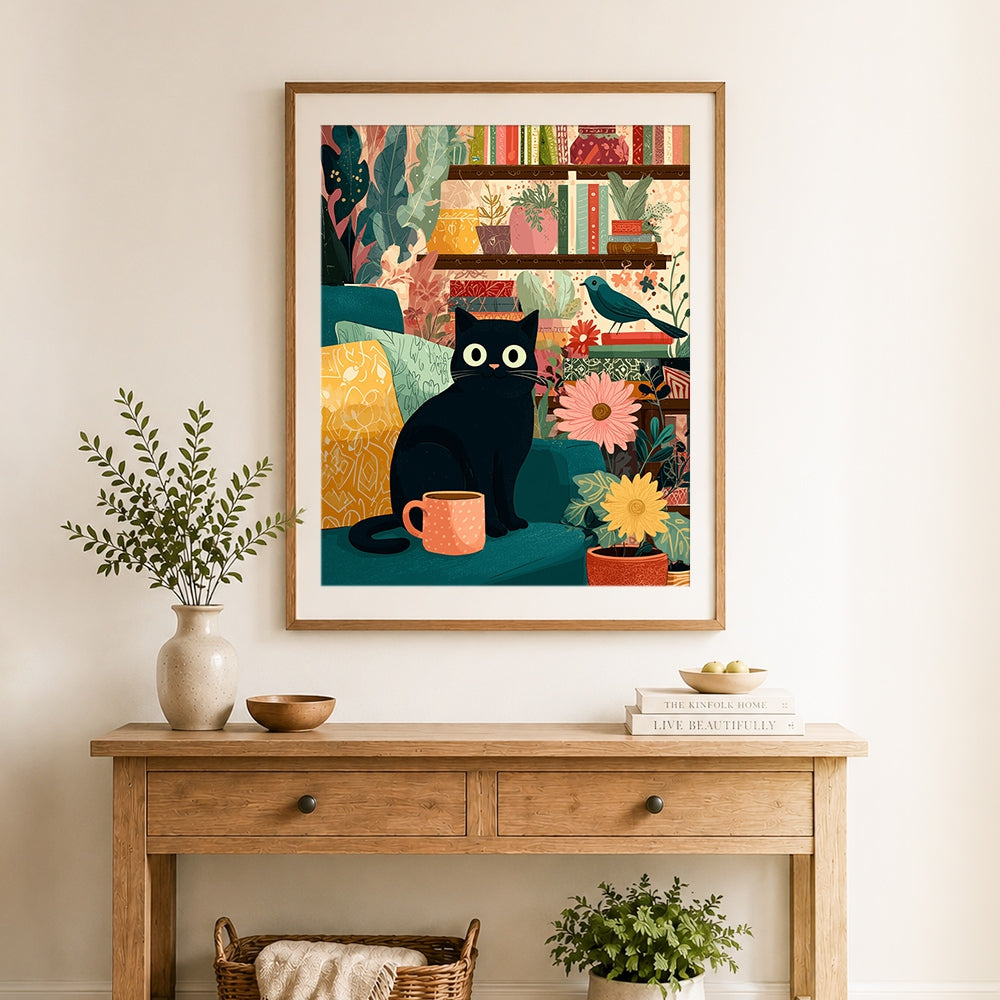 Finished cozy black cat with book and plants cross stitch artwork displayed as home decor