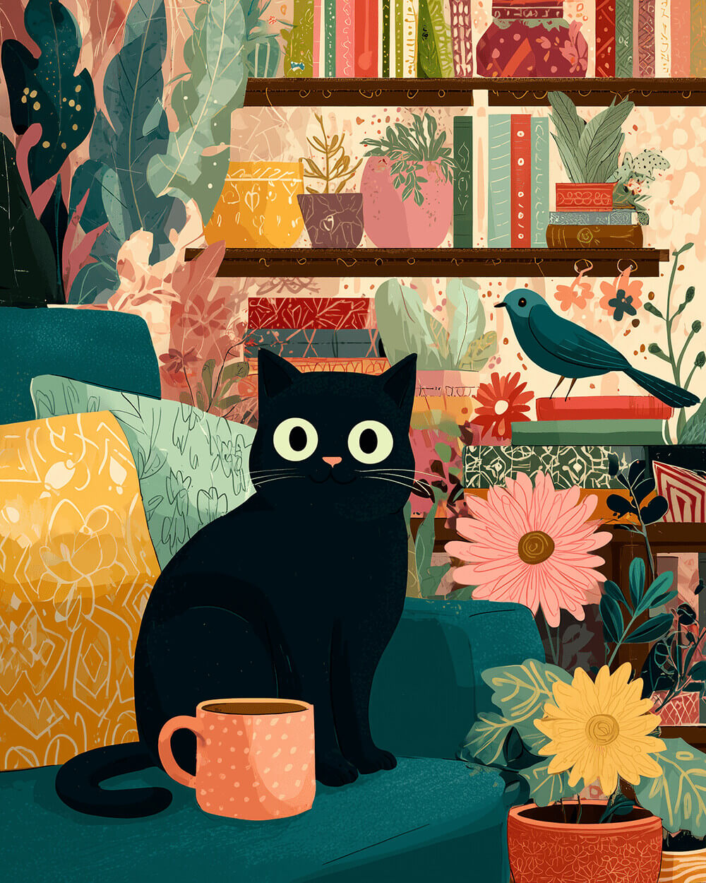 Cozy black cat with book and plants cross stitch kit for beginners