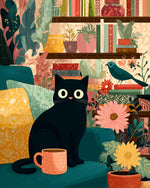 Cozy black cat with book and plants cross stitch kit for beginners