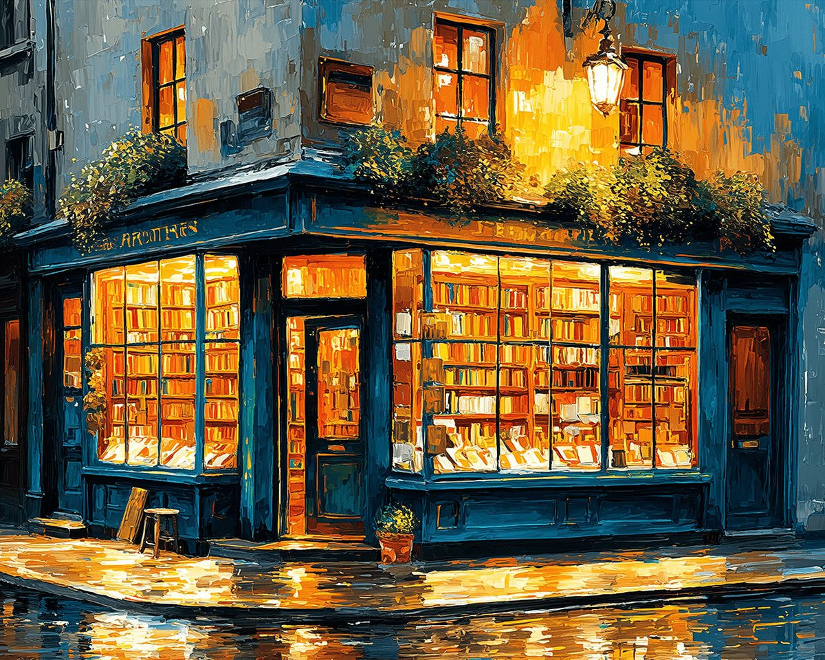 Cozy bookstore with warm glowing windows cross stitch kit for beginners