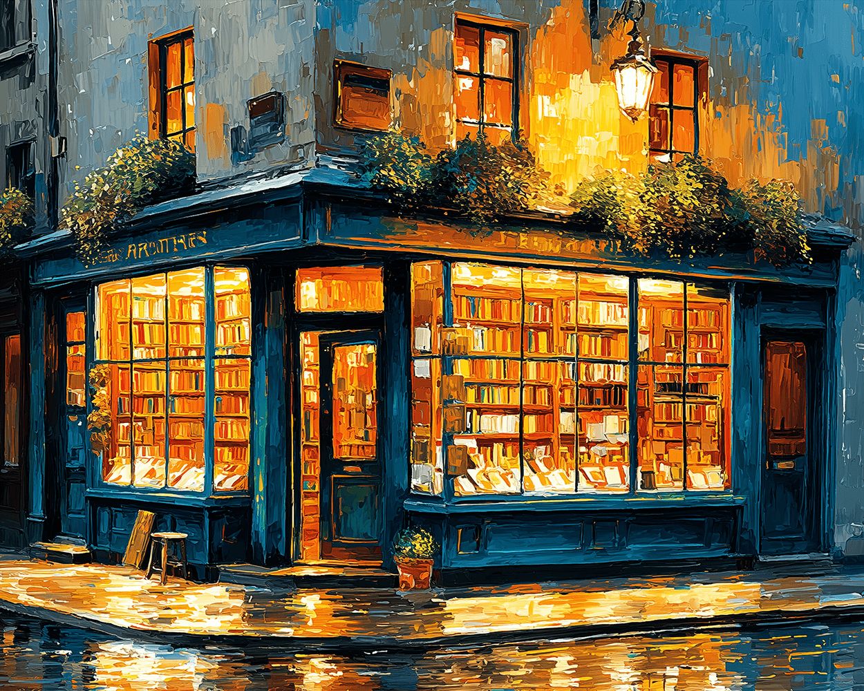 Cozy bookstore with warm glowing windows cross stitch kit for beginners