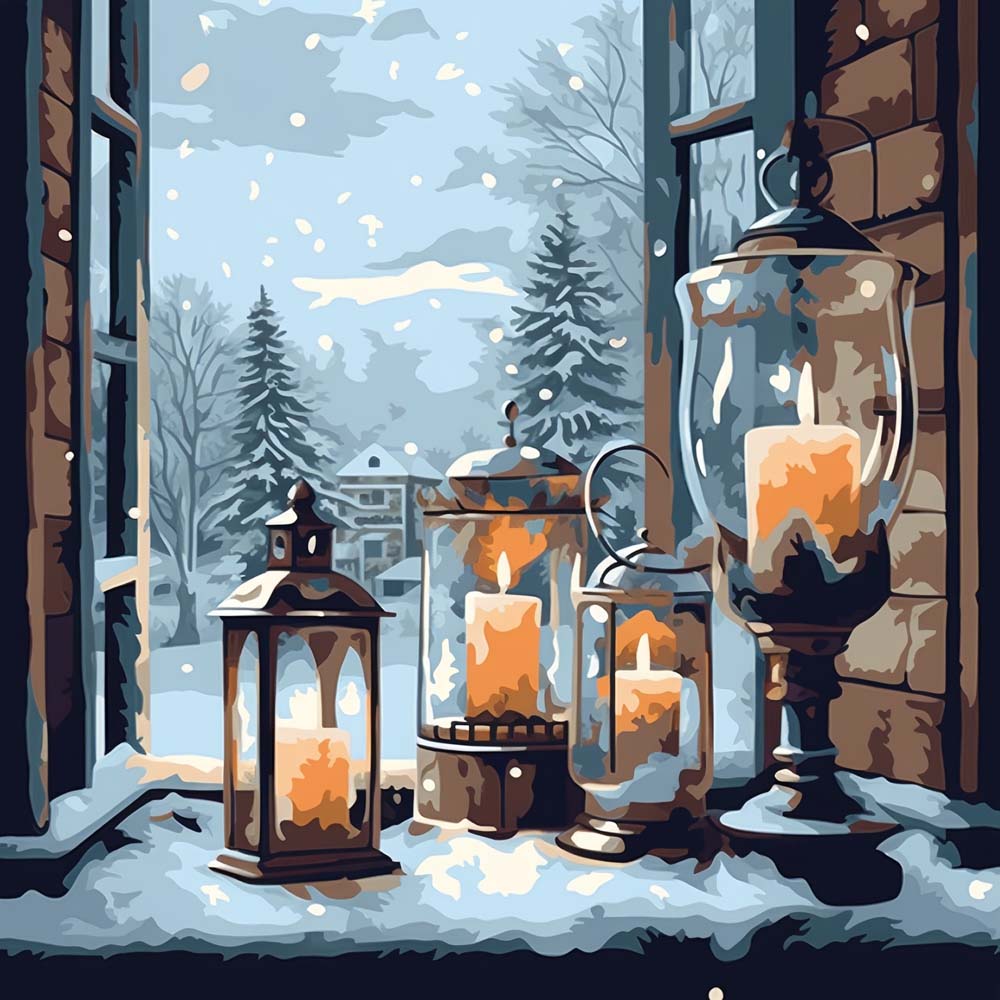Cozy candles in snowy window cross stitch kit for beginners
