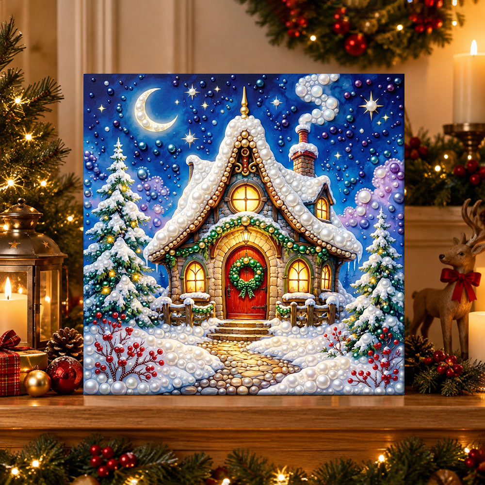 Finished cozy christmas cottage at night pearl diamond painting artwork displayed as holiday home decor