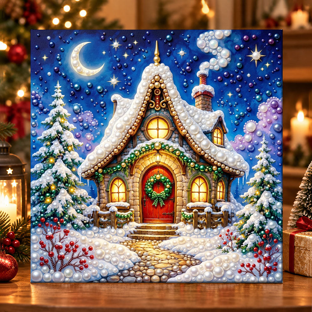 Cozy christmas cottage at night pearl diamond painting kit for beginners
