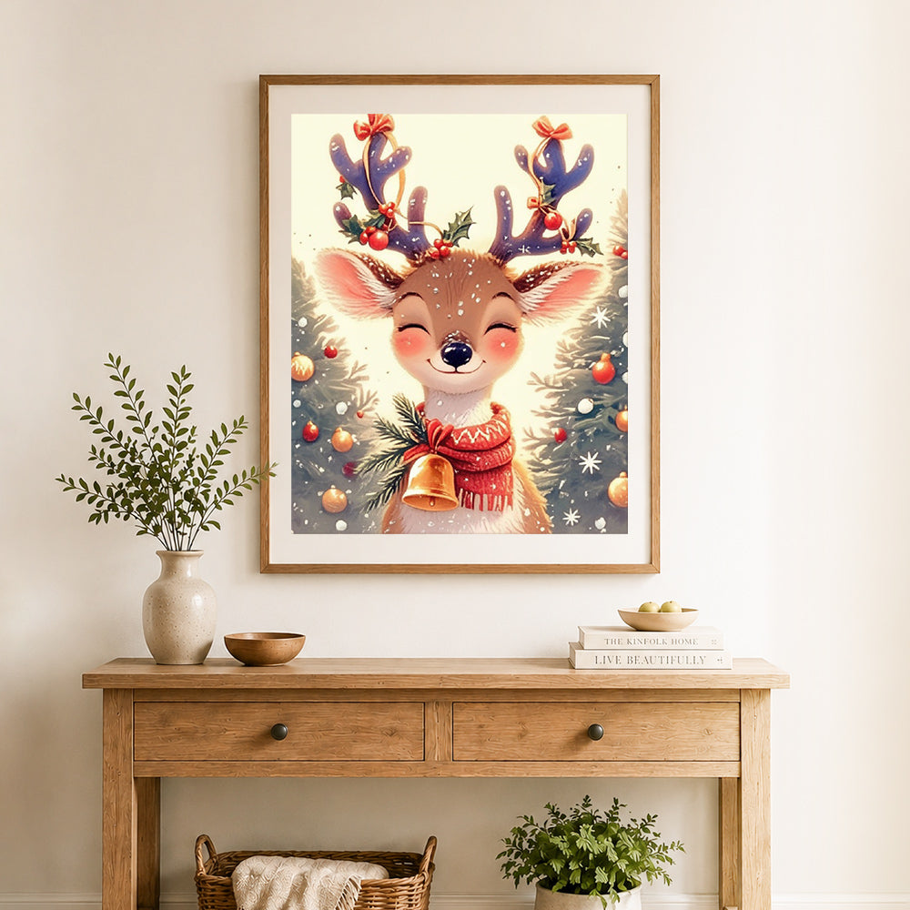 Finished cozy christmas fawn cross stitch artwork displayed as home decor