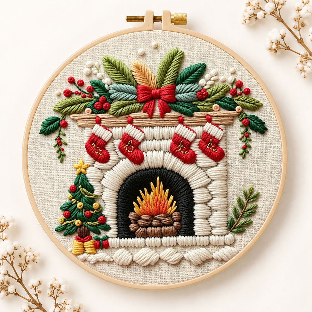 Cozy christmas fireplace embroidery kit