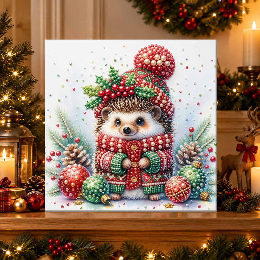 Finished cozy christmas hedgehog pearl diamond painting artwork displayed as holiday home decor
