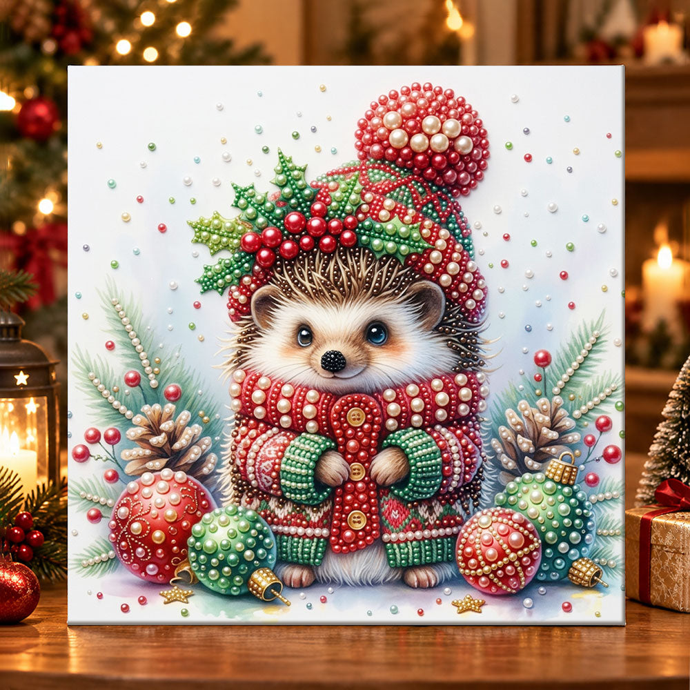 Cozy christmas hedgehog pearl diamond painting kit for beginners