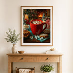 Finished cozy christmas hot cocoa cross stitch artwork displayed as home decor