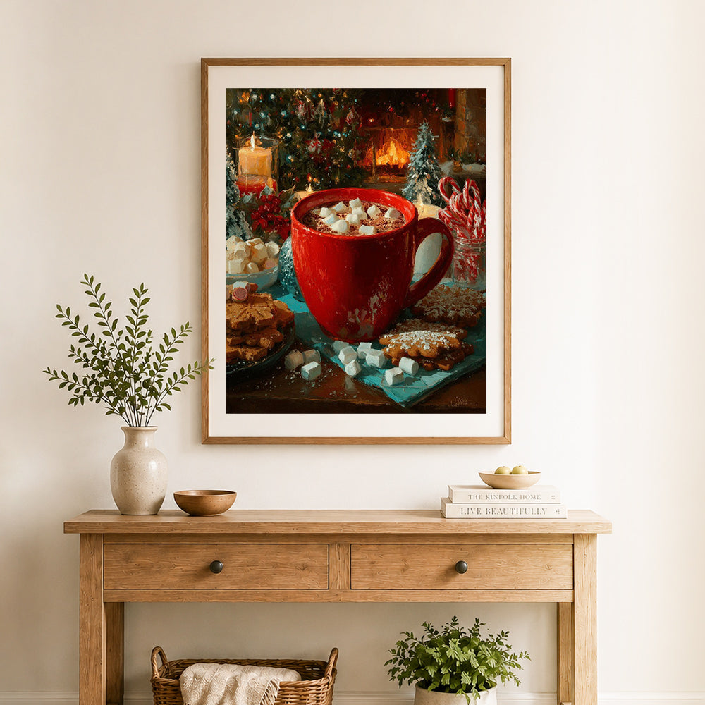 Finished cozy christmas hot cocoa cross stitch artwork displayed as home decor