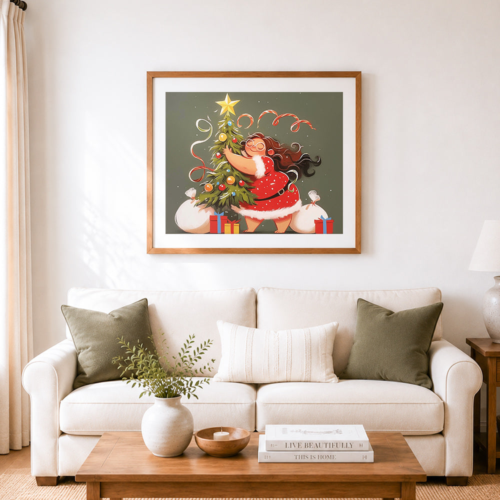 Finished cozy christmas hug cross stitch artwork displayed as home decor