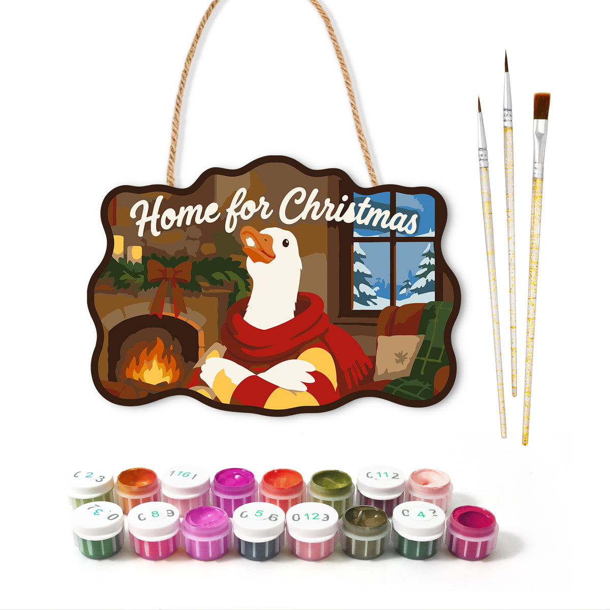 Cozy christmas indoors paint by numbers door hanger with paints and brushes