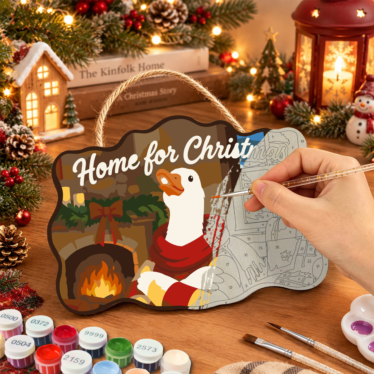 Cozy christmas indoors paint by numbers door hanger painting process