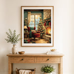 Finished cozy christmas living room by fireplace cross stitch artwork displayed as home decor