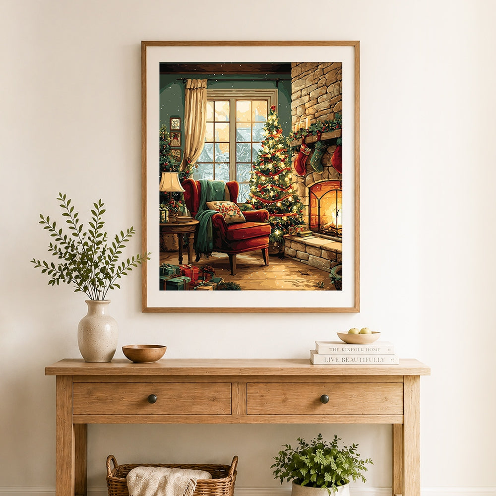 Finished cozy christmas living room by fireplace cross stitch artwork displayed as home decor