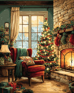 Cozy christmas living room by fireplace cross stitch kit for beginners