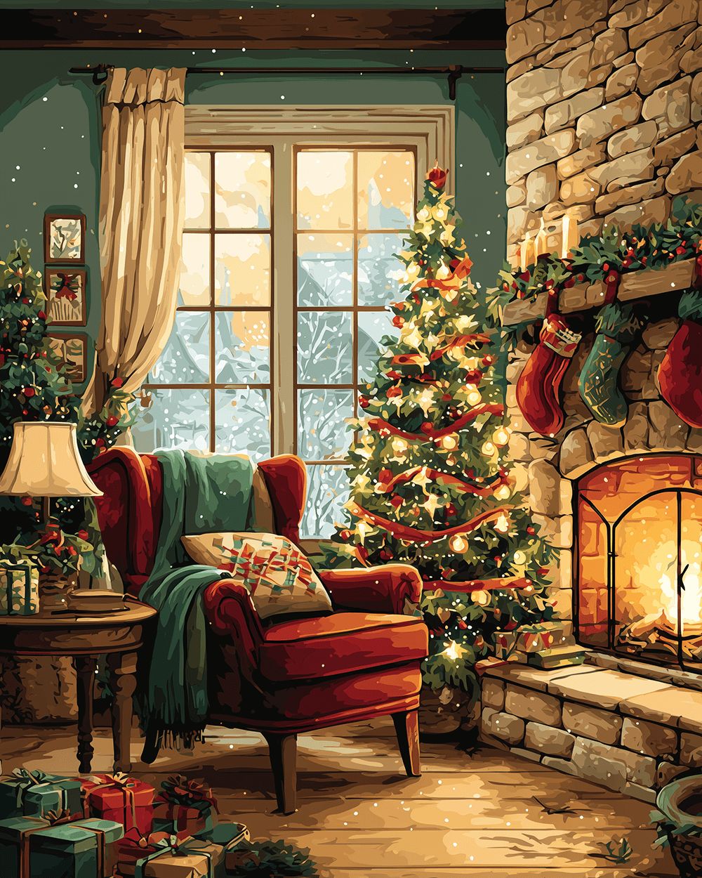 Cozy christmas living room by fireplace cross stitch kit for beginners