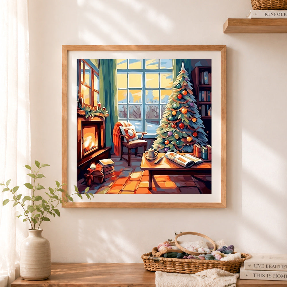 Finished cozy christmas living room cross stitch artwork displayed as home decor