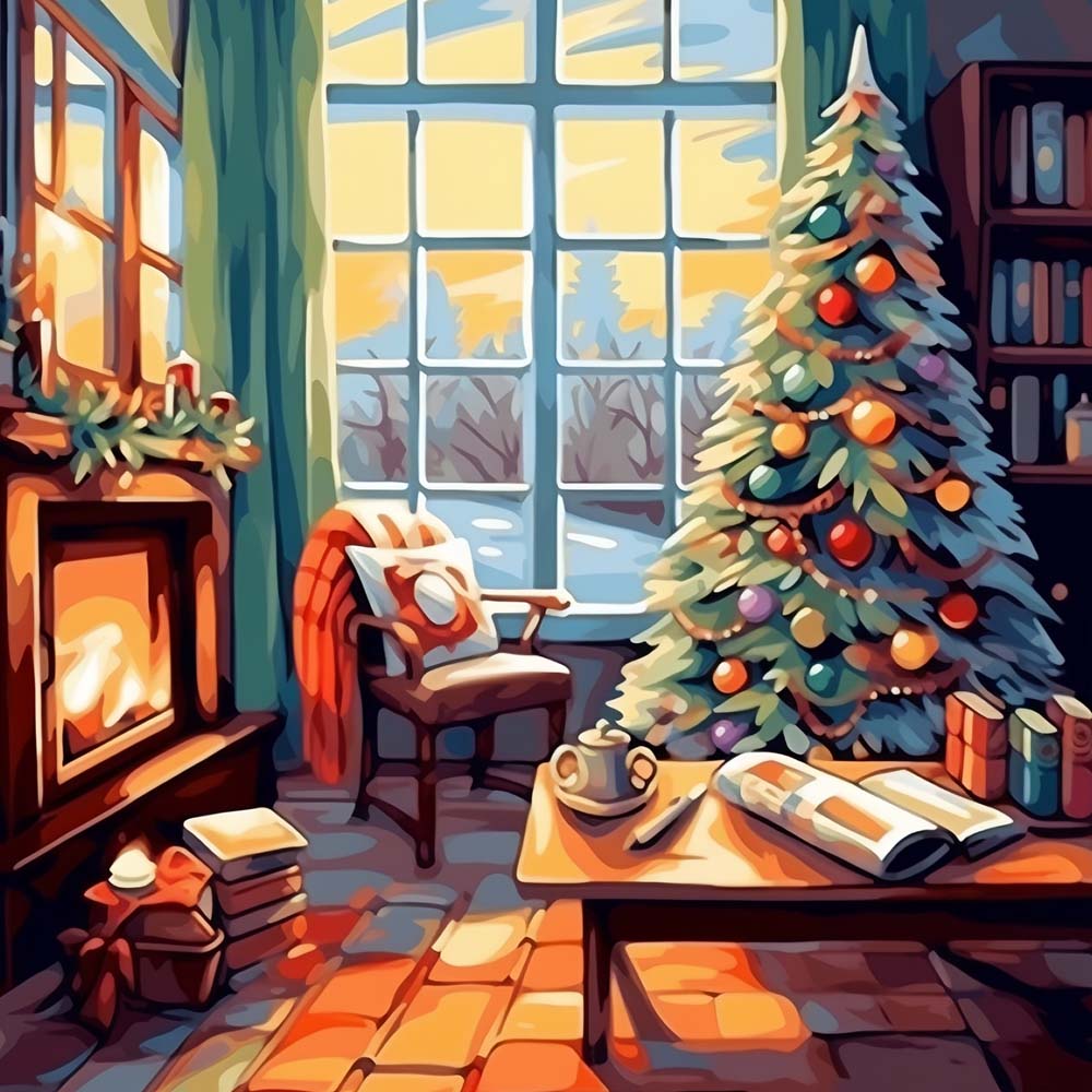 Cozy christmas living room cross stitch kit for beginners