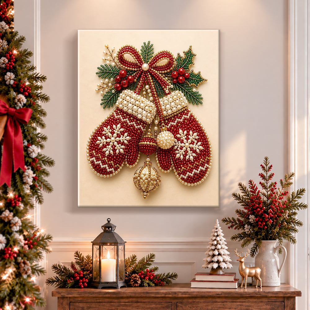 Finished cozy christmas mittens pearl diamond painting artwork displayed as holiday home decor