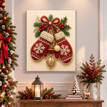 Finished cozy christmas mittens pearl diamond painting artwork displayed as holiday home decor